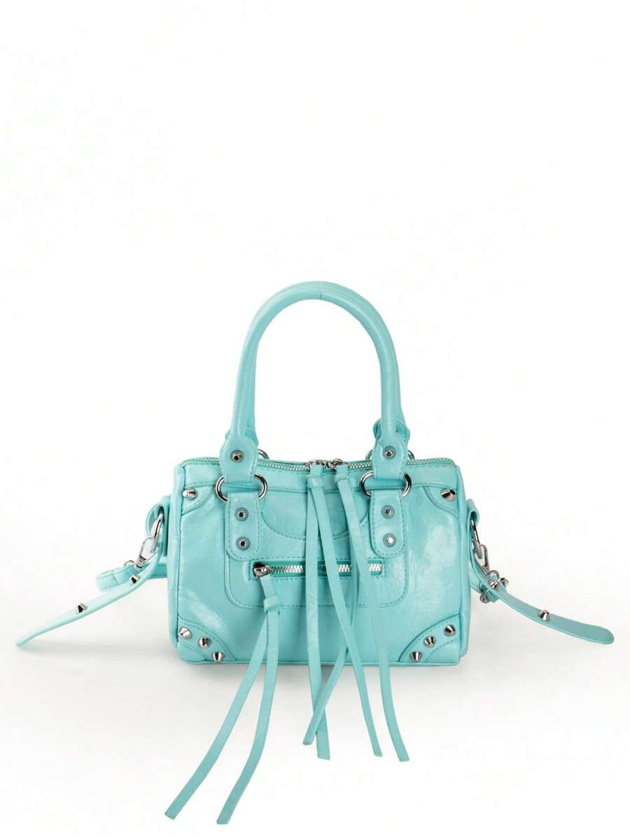 1pc Baby Blue Patchwork Rivet Studded Tassel Zipper Decor Vintage PU Material Strap Decor Rivet S... | SHEIN