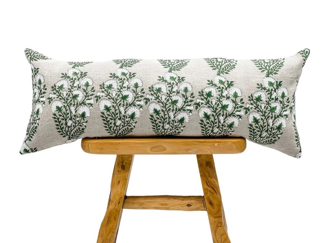 Designer Fleur Olive on Natural Linen Pillow Cover Green and - Etsy | Etsy (US)