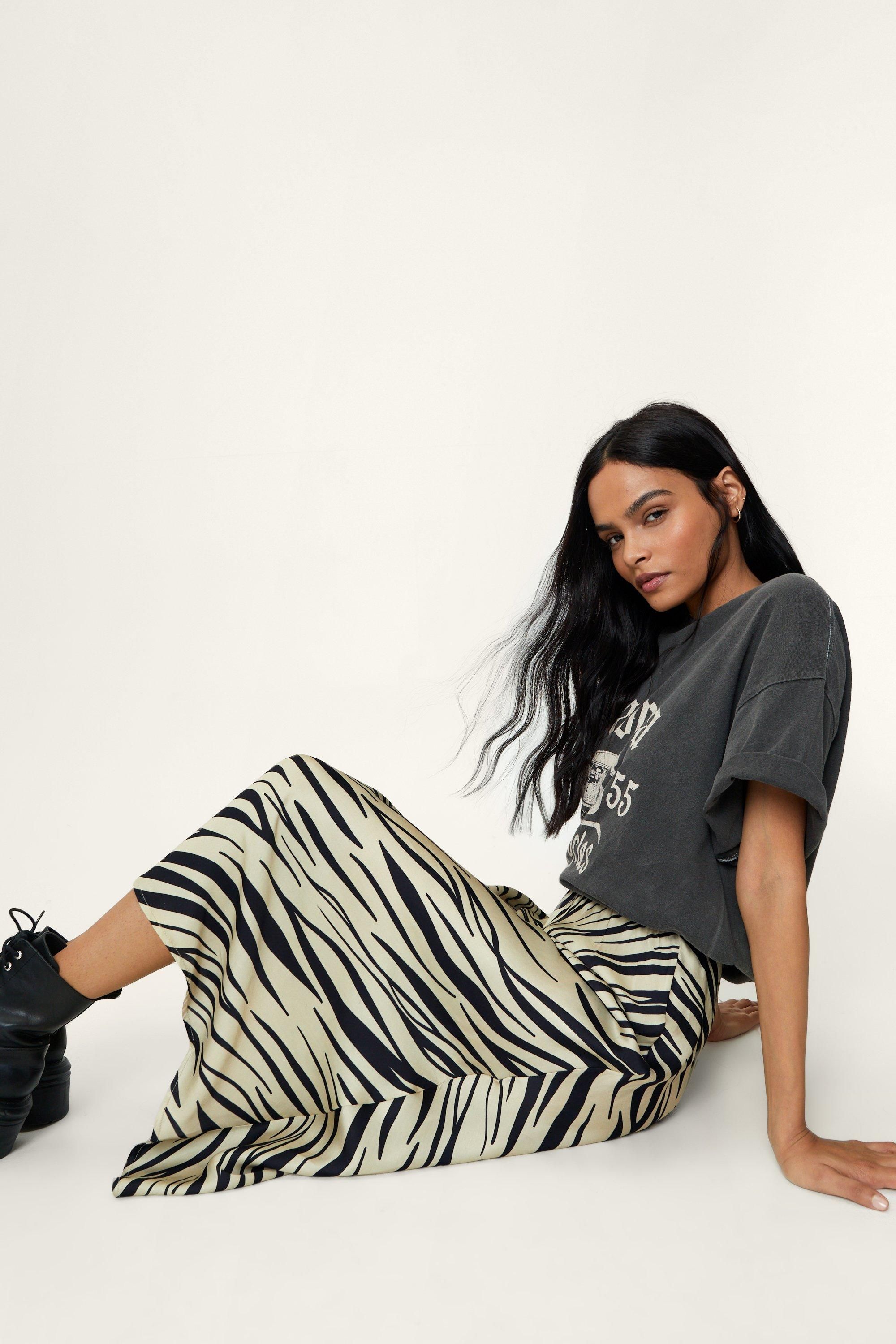 Zebra Print Bias Cut Satin Midi Skirt | Nasty Gal (US)
