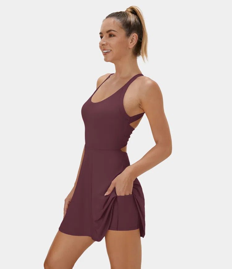 Women’s Backless Cut Out Twisted Side Pocket 2-in-1 Exercise Dress-Easy Peezy - HALARA | HALARA