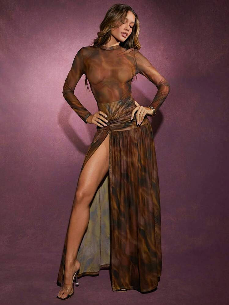 SHEIN X Scheana Hauture Winter Women Clothes, Women's Sexy Elegant Slim Fit Brown Abstract Printed Mesh Dress With High Slits And Long Sleeves, Long Dress, Dress. For Date Night, Concerts, Performances, Wedding, Parties, Clubs, Evening, Formal Dress,Country | SHEIN