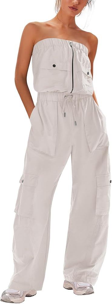 LAMISSCHE Womens Strapless Jumpsuits Cargo Pants Jumpsuits Off The Shoulder Tube Rompers One Piec... | Amazon (US)