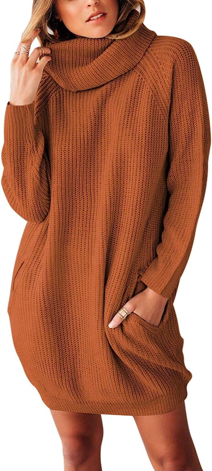 Sovoyontee Women's Long Sleeve Baggy Oversized Turtleneck Pullover Sweater Dress with Pockets | Amazon (US)