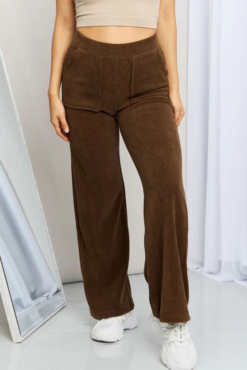 'Lauri' Elastic Waist Wide Leg Pants with Pockets in Brown | Goodnight Macaroon