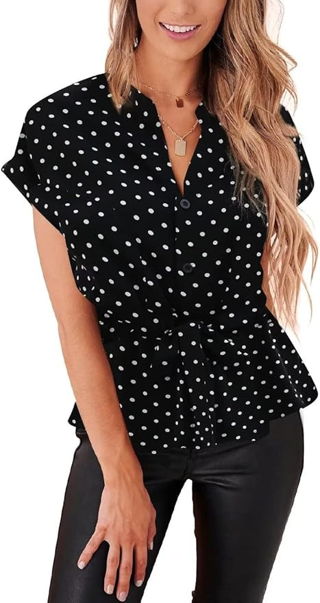 Womens Button Down Blouses Casual Peplum Summer Tops Dressy Chiffon Work Blouse | Amazon (US)