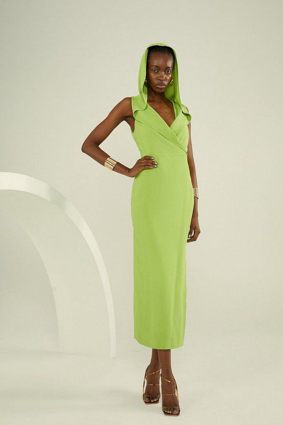 Compact Stretch Viscose Tailored Hooded Wrap Detail Midaxi Dress | Karen Millen US