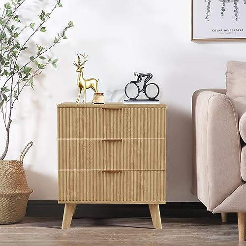 Mid-Century 3 Drawers Bedside Table Cabinet, Modern Nightstand with 3 Drawer and Solid Wood Legs, Contemporary Side Table with Drawers, MidCentury Nightstand with 3 Storage Drawer for Bedroom(Natural) | Amazon (US)