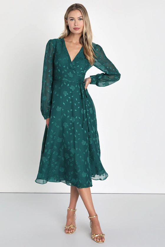 Evening of Elegance Emerald Green Floral Jacquard Wrap Dress | Lulus (US)