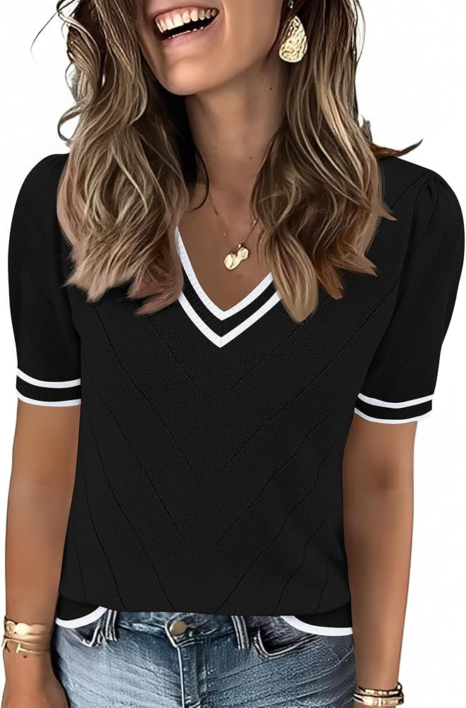 LOMON Womens Sweaters Puff Short Sleeve Lightweight Knit Summer Fall Tops Dressy V-Neck Work Blou... | Amazon (US)