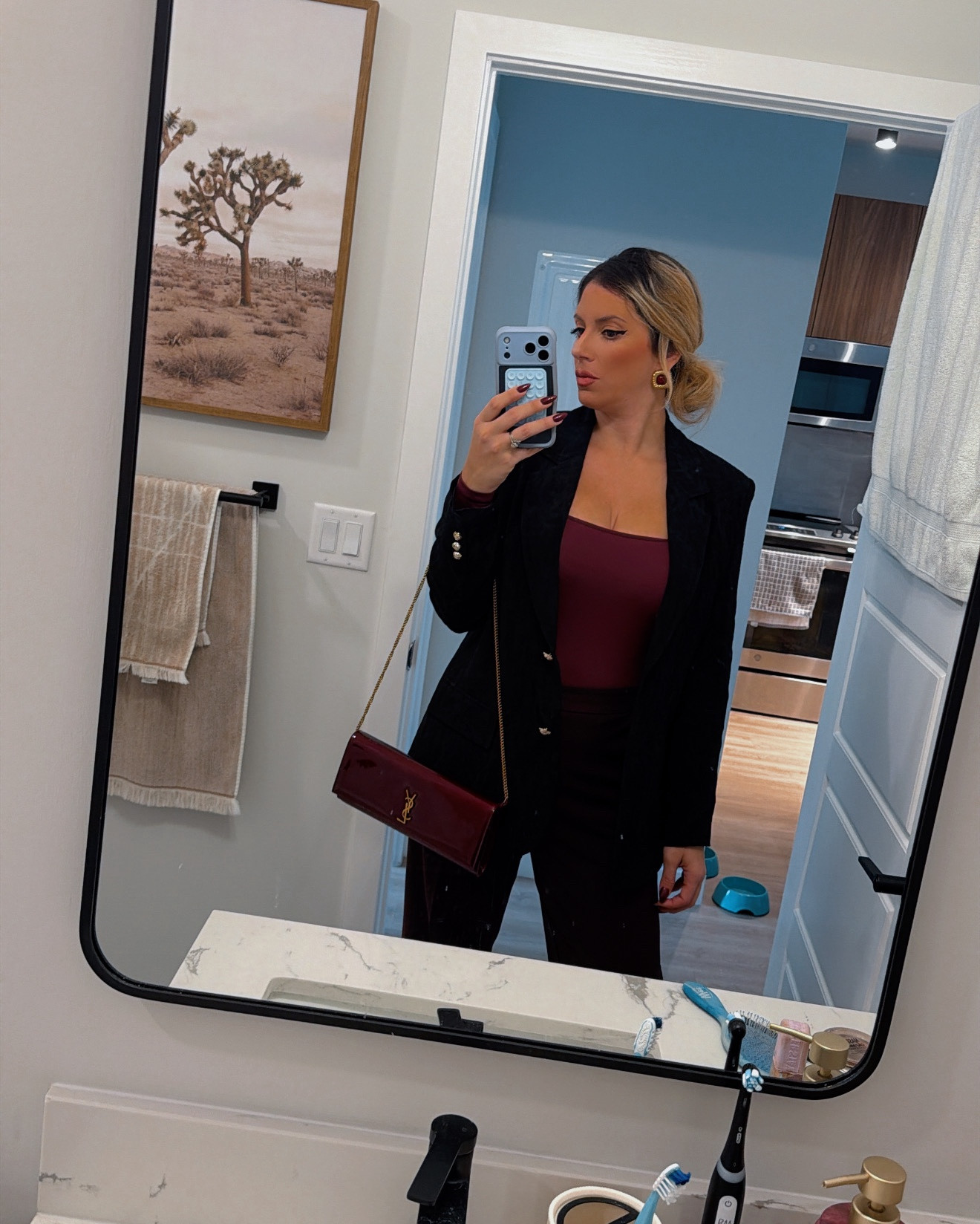 Today we’re headed to the salon to get our hair changed to a different color so we had to look chic for the equation. 

Wearing all things, burgundy and maroon elegant chic & timeless. 

Maroon/cool burgundy bodysuit long sleeve from Zara but I’ve added inspiration pieces. 
Matched up with my golden & burgundy earrings and my YSL Saint Laurent gloss burgundy Kate patent leather clutch purse handbag, red wine/dark purple trousers, black floral blazer with gold button to match my brand new crocodile black boots. 👢 

Hope you love us look and I had so much fun playing with all these shades of red burgundy and maroon with a touch of black and gold. 

A perfect winter look and fall look outfit. OOTD

#burgundy #maroon #purple #Trousers #blazer #ysl #chic #elegant #bodysuit #revolve #mango #zara #ootd #winterlook #falllook #seasonal #oldmoney

#LTKgrwm #LTKSeasonal #LTKootd