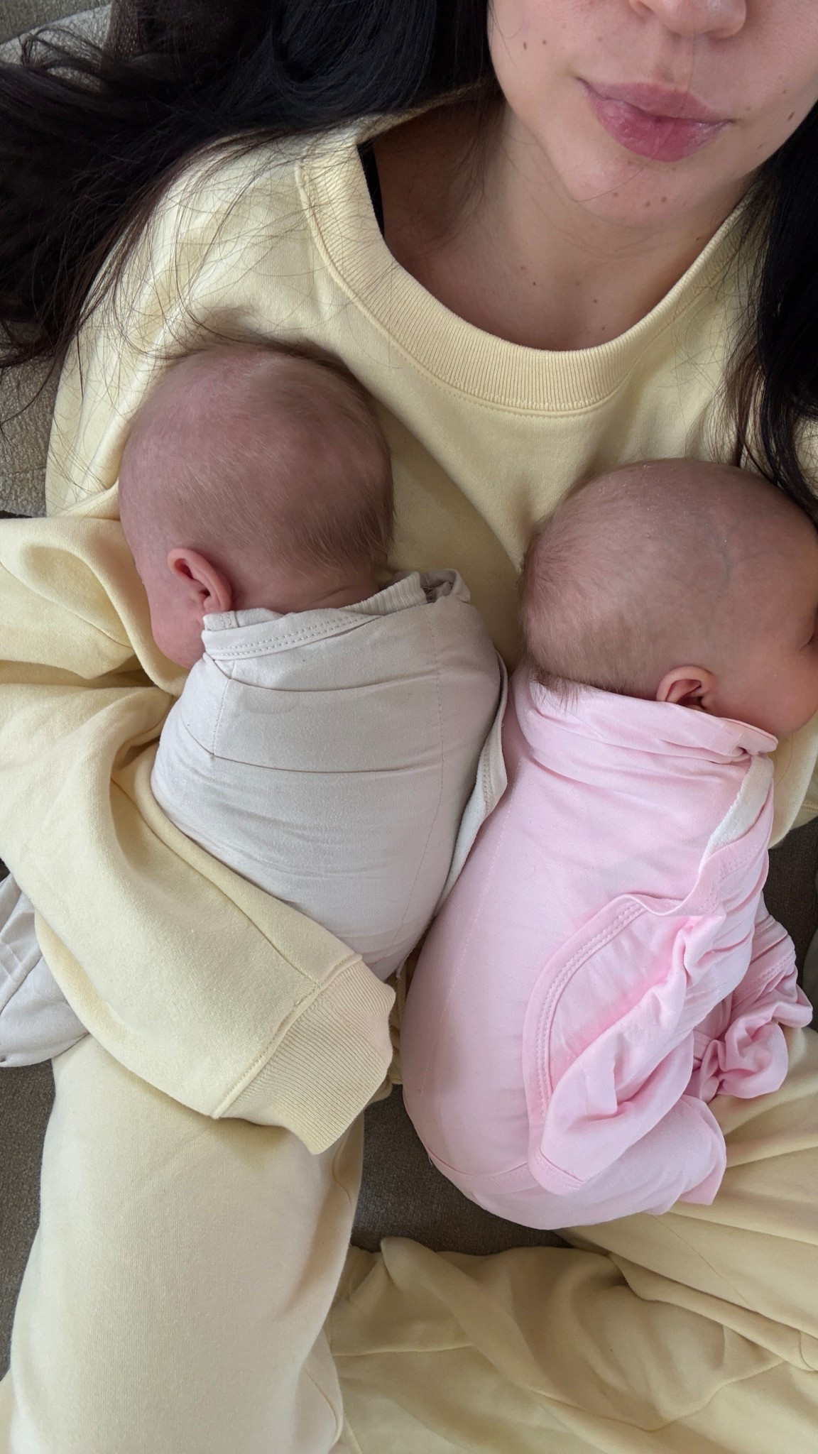 We love these swaddles! These are the .5 tog for when it’s warmer in the house during the day but we have the 1.0 tog for nighttime/colder days too! I’m wearing smalls in the sweats btw  