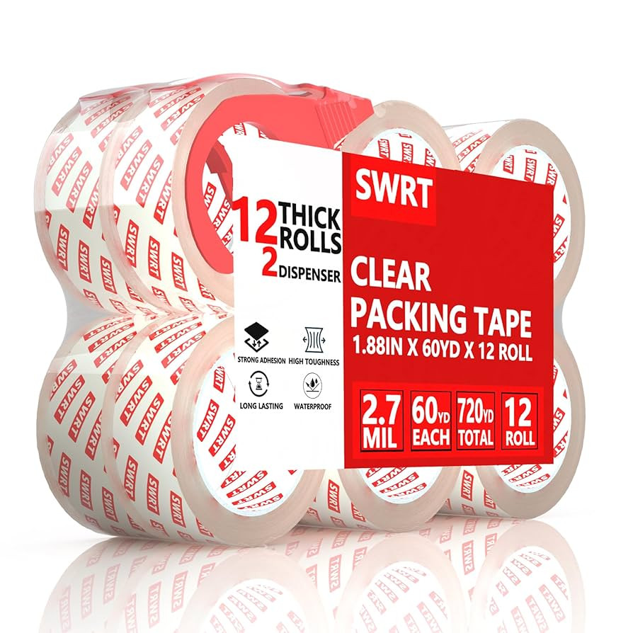 SWRT 2.7Mil Thick Ultra Clear Packing Tape, 12 Rolls Heavy Duty Packaging Tape with 2 Dispensers ... | Amazon (US)