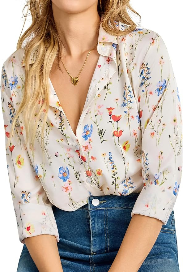 Wrinkle-Resistant Women Silky Button Down Shirts Fashion Printed Long Sleeve Blouse Dressy Casual... | Amazon (US)
