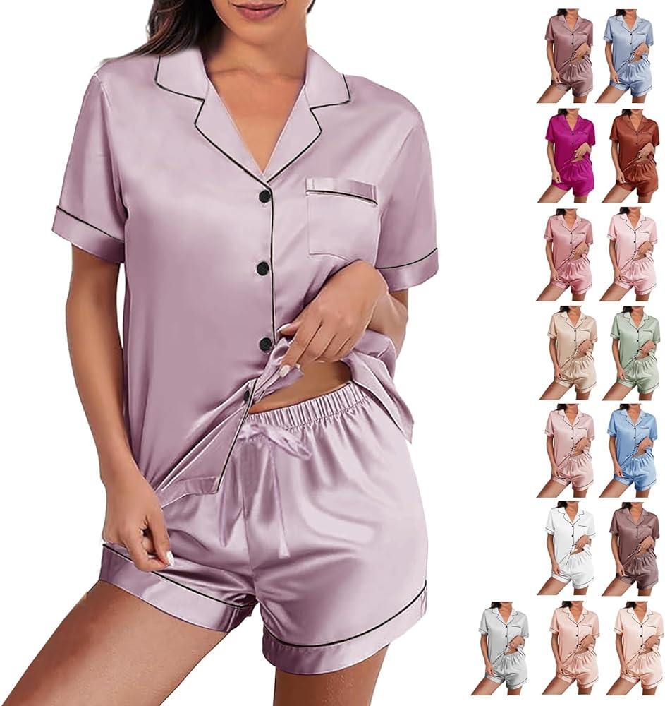 WJing Yi Jia Womens Silk Satin Pajamas Loungewear Two-Piece Sleepwear Button-Down Floral Pj Set | Amazon (US)