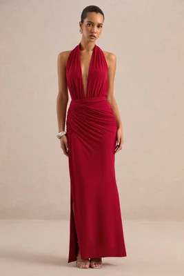 Tilly | Red Jersey Ruched Plunge Wrap Maxi Dress With Open Back And Split | Club L London
