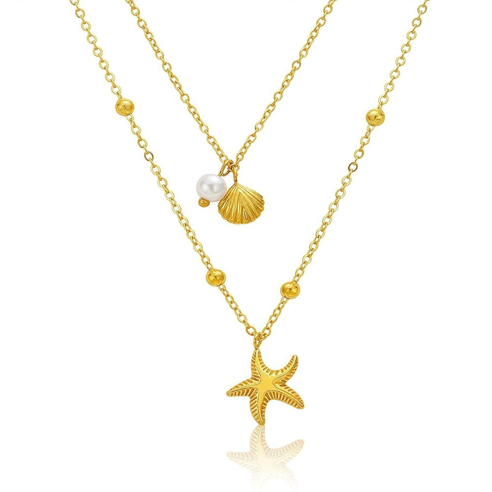 14K Gold - gold starfish necklace & Shell Pearl Charm Necklace for Women, Non - Tarnish Adjustabl... | Amazon (US)
