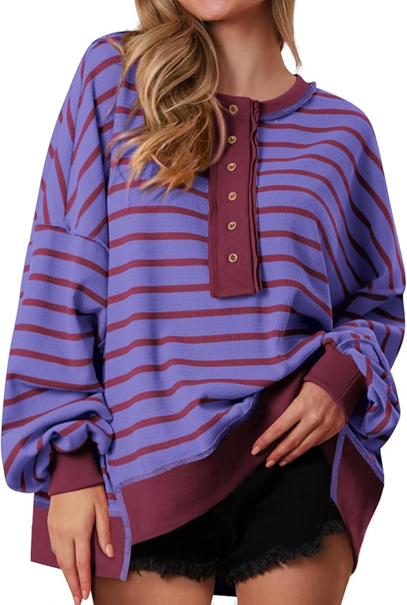 PRETTYGARDEN Womens Fall 2024 Striped Oversized Sweatshirt Long Sleeve Button Up Henley Neck Waff... | Amazon (US)
