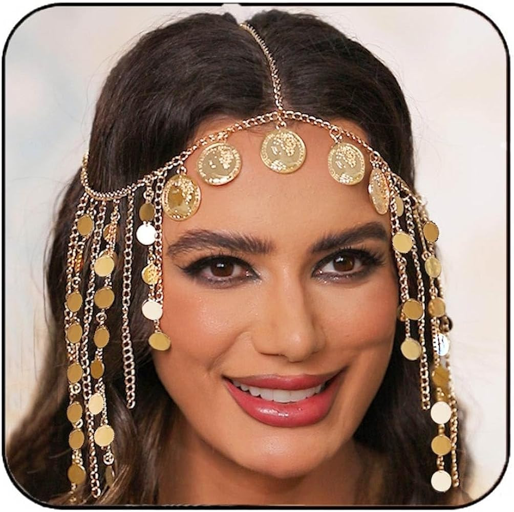 Aukmla Coins Head Chain Jewerly Gold Sequin Tassel Hair Chains Festival Costume Headband Hair Acc... | Amazon (US)