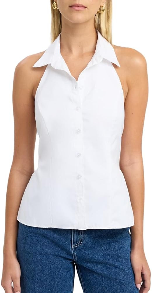 Women Button Down Halter Shirt Sleeveless Lapel Collared Backless Tank Tops Slim Fit Going Out Bl... | Amazon (US)