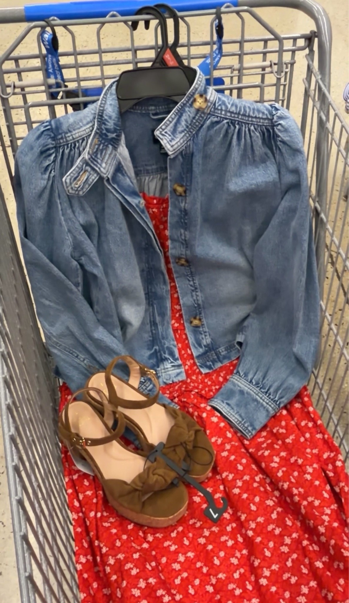 Walmart 4th of July outfit that you can wear all summer long! This smocked dress is comfy cotton, beautiful red ditsy floral print. Fit is true to size. Jacket fits tts, too, don’t size up, I’m a small in this. #walmartfashion