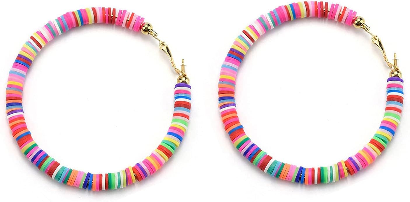 Bohemia Colorful Clay Bead Hoop Earrings Handmade African Vinyl Disc Earrings Boho Soft Polymer C... | Amazon (US)