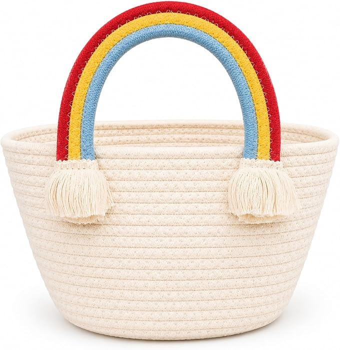 Woven Basket with Rainbow Handle Portable Storage Basket Handbag with Tassel for Nursery Room Toy... | Amazon (US)