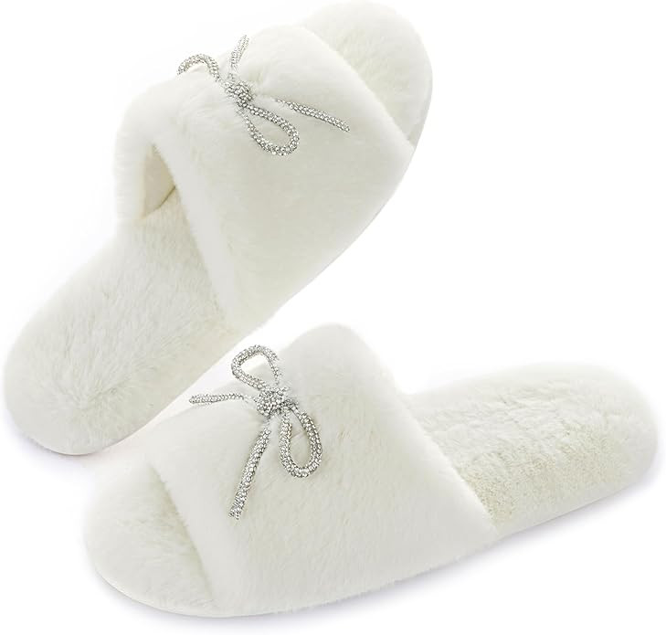ULTRAIDEAS Women's Fuzzy Rhinestone Bowknot Open-Toe Slippers, Bride and Bridesmaid Slides for We... | Amazon (US)