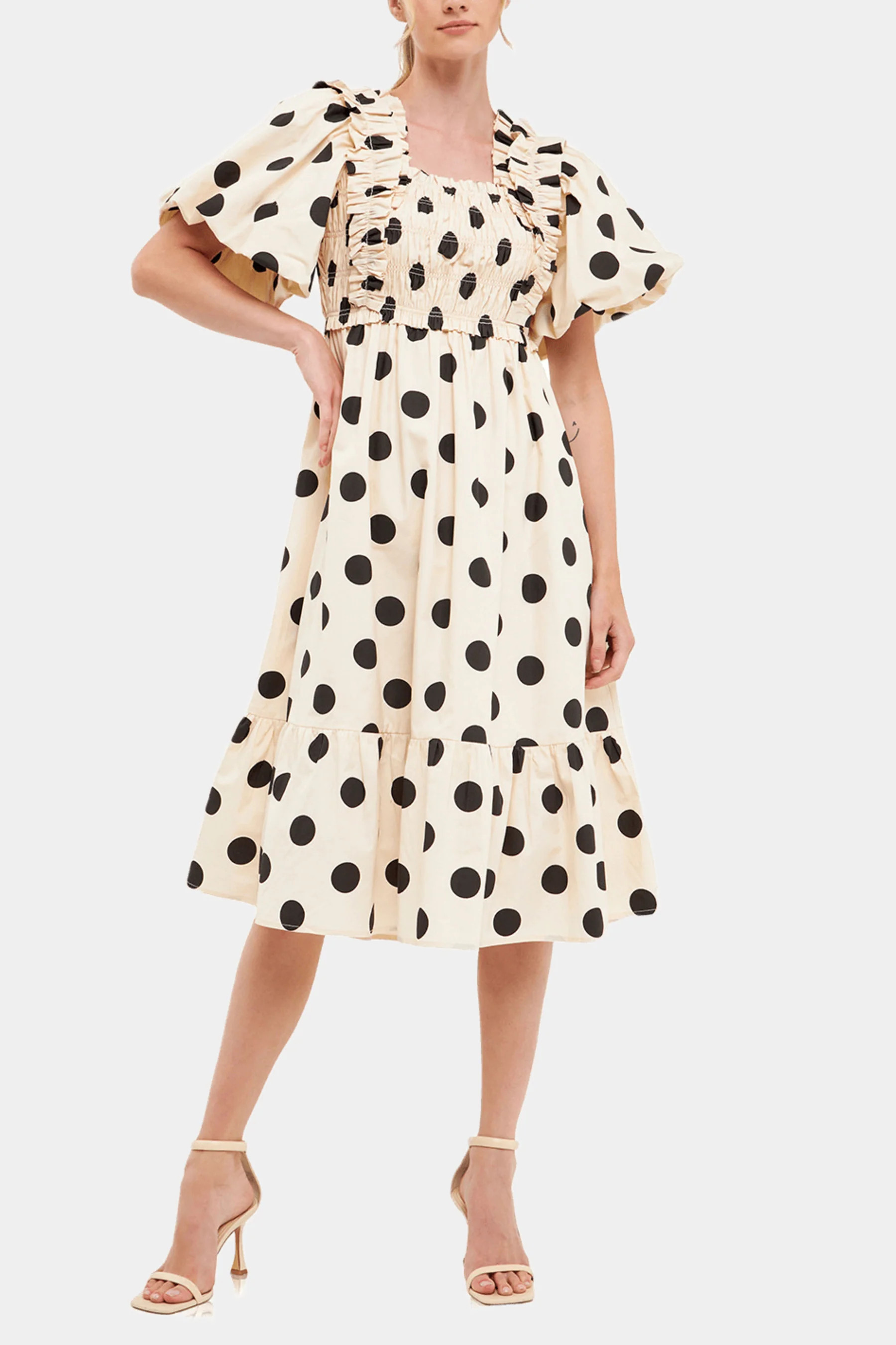 English Factory Women's Smoked Polka Dot Midi Dress in Beige/Black Large Lord & Taylor | Lord & Taylor