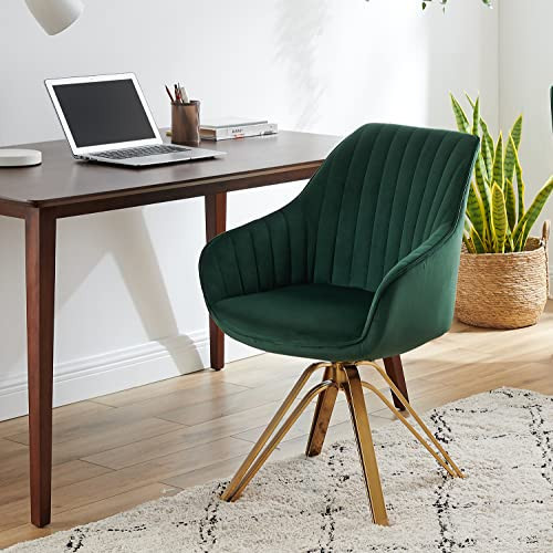 Volans Swivel Accent Chair, Mid Century Modern Desk Chair No Wheels, Upholstered Swivel Office Chair with Hollow Brushed Gold Plated Legs Office Chair for Living Room, Dining Room, Green Black | Amazon (US)