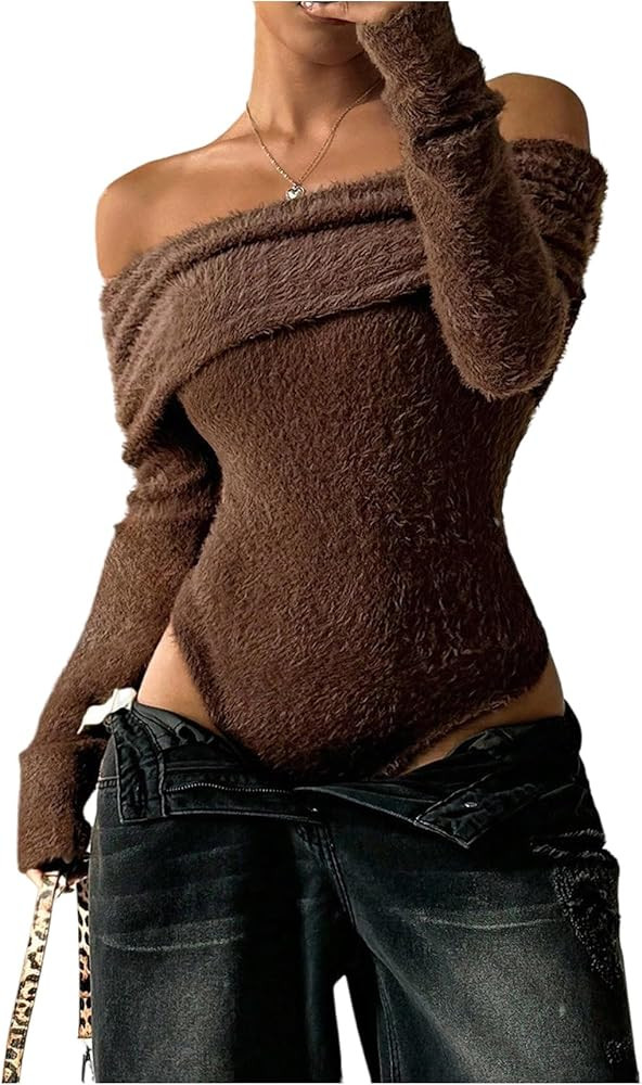 MakeMeChic Women's Fuzzy Off The Shoulder Bodysuit Ruched Long Sleeve Party Club Tops | Amazon (US)