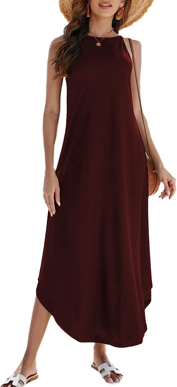 Halife Women's Summer Casual Sleeveless Beach Dress Long Halter Side Slit Maxi Sun Dresses | Amazon (US)