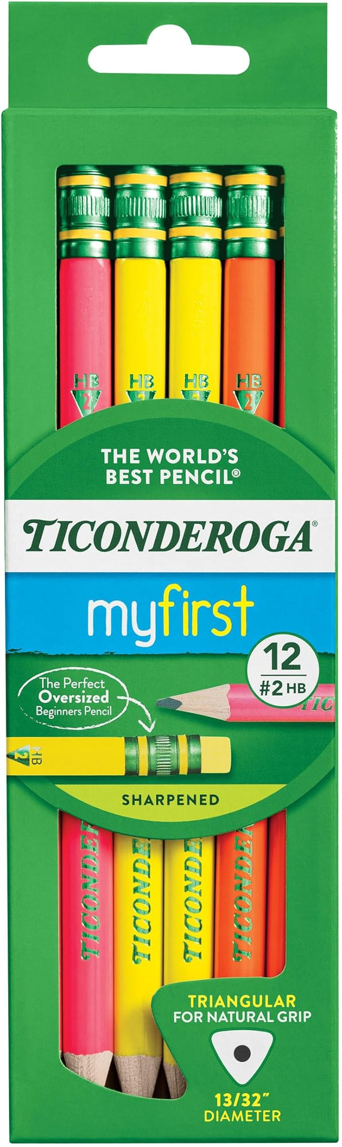 Ticonderoga My First Tri-Write Wood-Cased Pencils, Pre-Sharpened, 2 HB, With Erasers, Neon Colors... | Amazon (US)