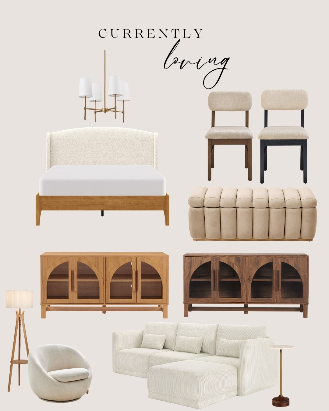 Walmart currently loving: White bed, gold chandelier, white dining chairs, cream modern bench, natural wood cabinet, dark wood cabinet, natural wood  floor lamp, white armchair, white sectional, white side table.

#LTKHome #LTKSaleAlert