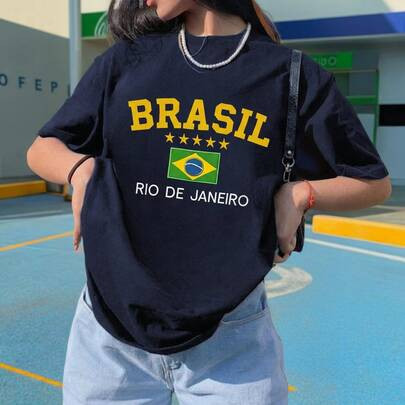 Camiseta de Gola Redonda com Estampa da Bandeira Nacional do Rio de Janeiro, Brasil - Essencial S... | SHEIN