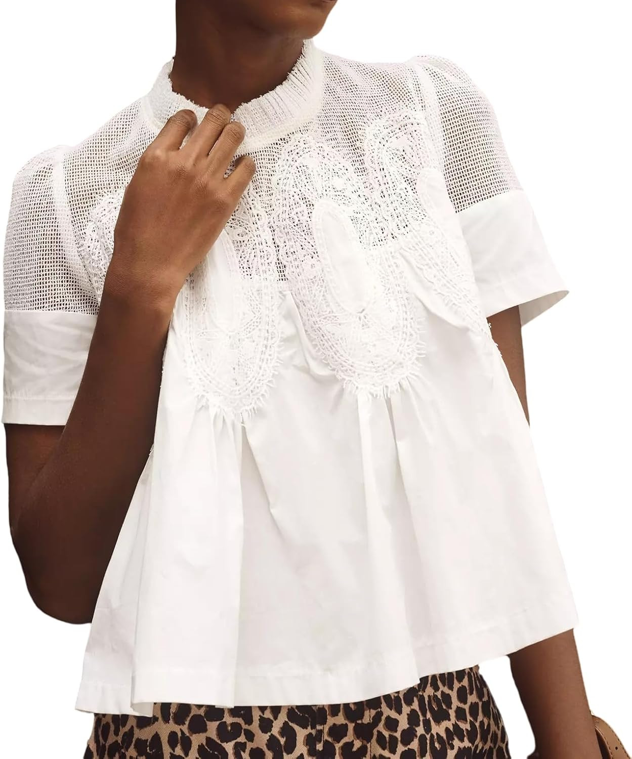 VAOYIU Women Lace-Detail Flared Blouse Short-Sleeve Crew Neck Lace Poplin Mesh Swing Top Elegant Loose Intricate Back Design | Amazon (US)
