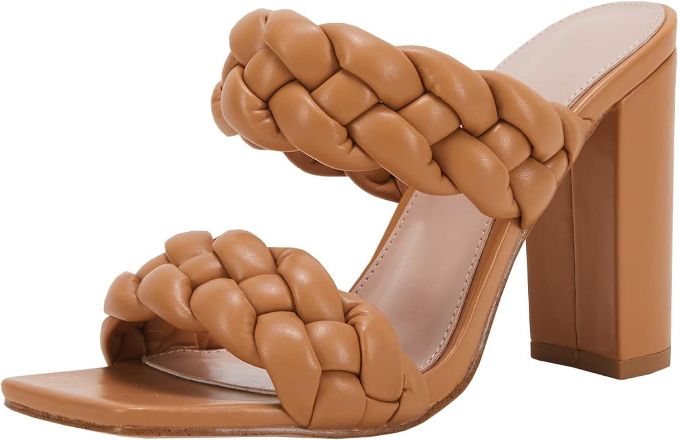 VETASTE Women's Braided Heeled Sandals Square Open Toe Backless Block Heel Strappy Casual Sandals | Amazon (US)