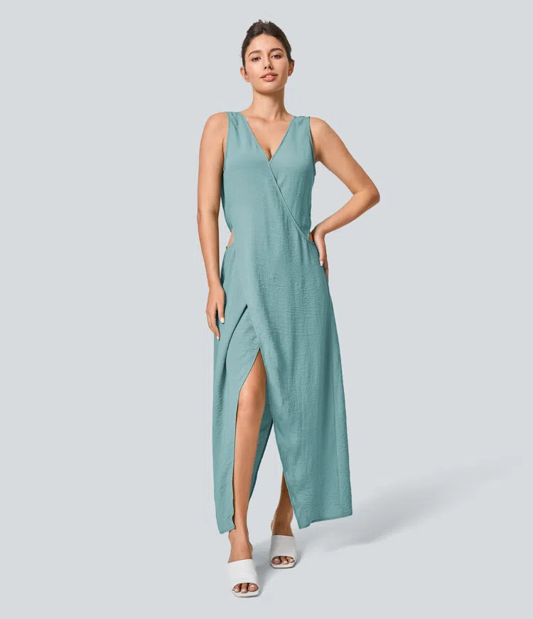 Women’s V Neck Sleeveless Cut Out Split Maxi Casual Linen-Feel Dress - Halara | HALARA
