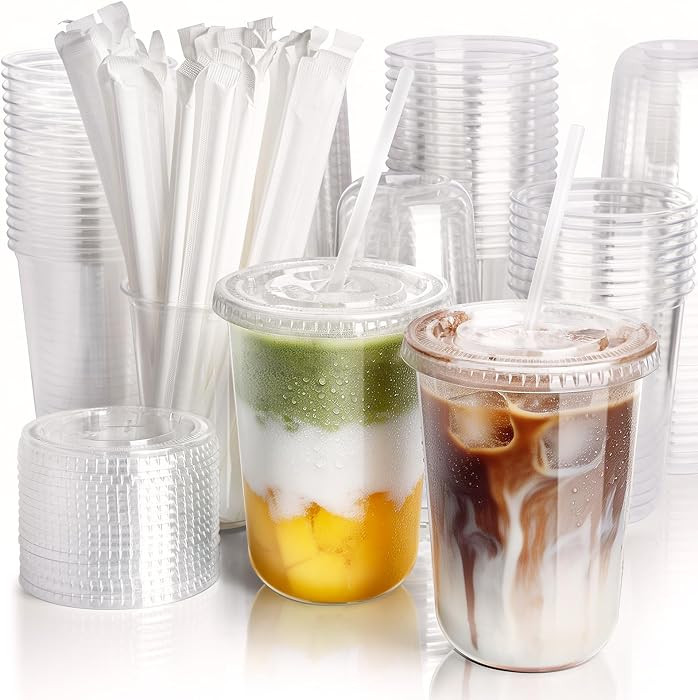 50 Pack 16 oz Round Bottom Plastic Cups with Lids and Straws, Disposable Coffee Cups with Lids, T... | Amazon (US)