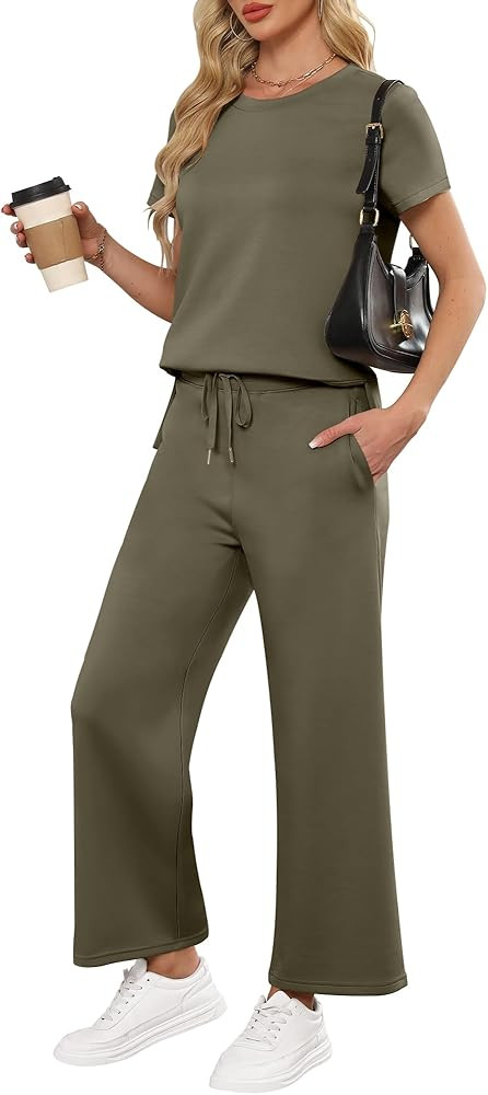 ANRABESS Women 2 Piece Lounge Sets Summer Travel Sweat Outfits Short Sleeve Wide Leg Casual Match... | Amazon (US)