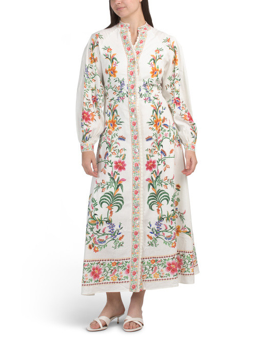 Linen Blend V-neck Button Front Dress With Print Details | Clothing | Marshalls | Marshalls