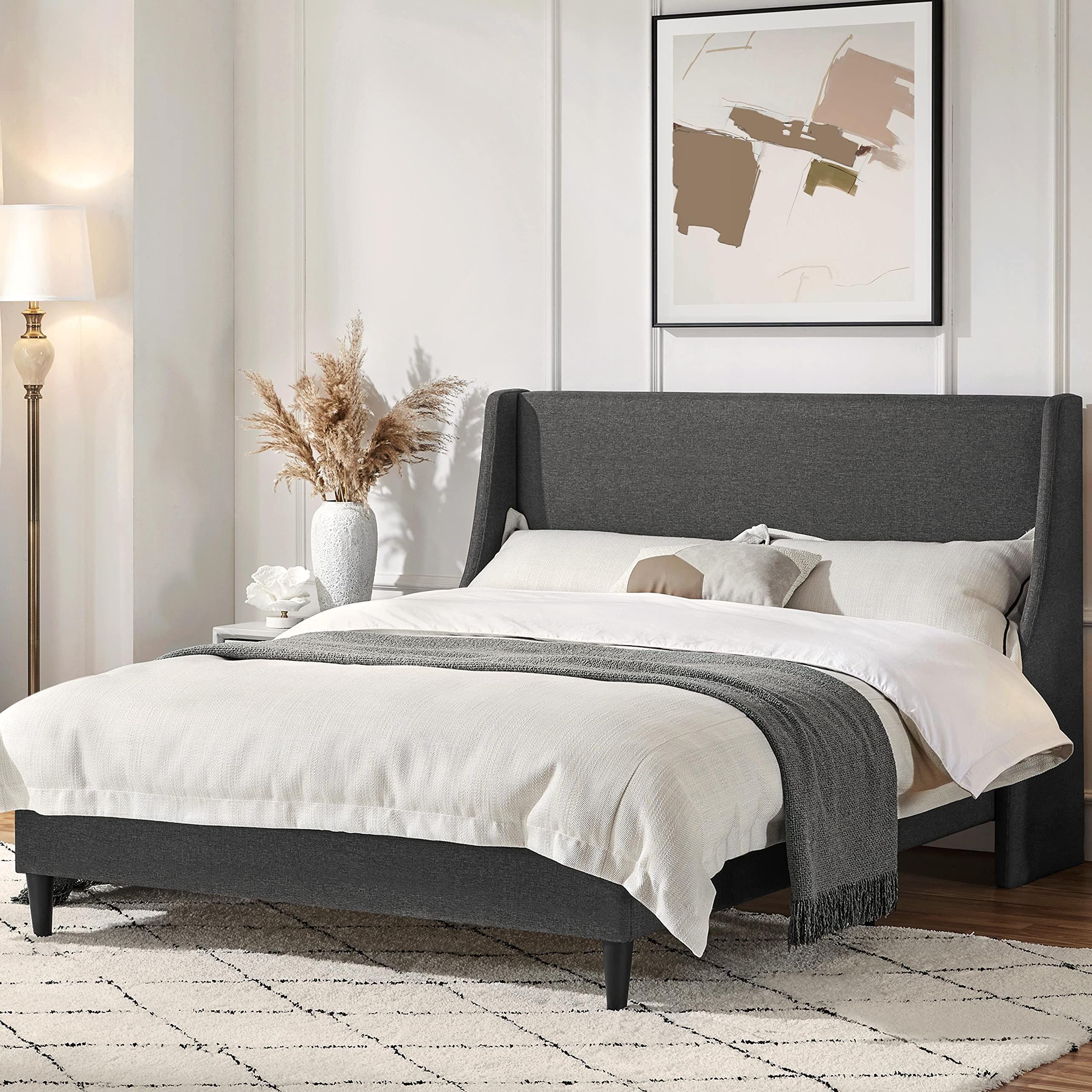 Yaheetech Queen Upholstered Platform Bed Frame with Wing Design Headboard Mattress Foundation Woo... | Amazon (US)