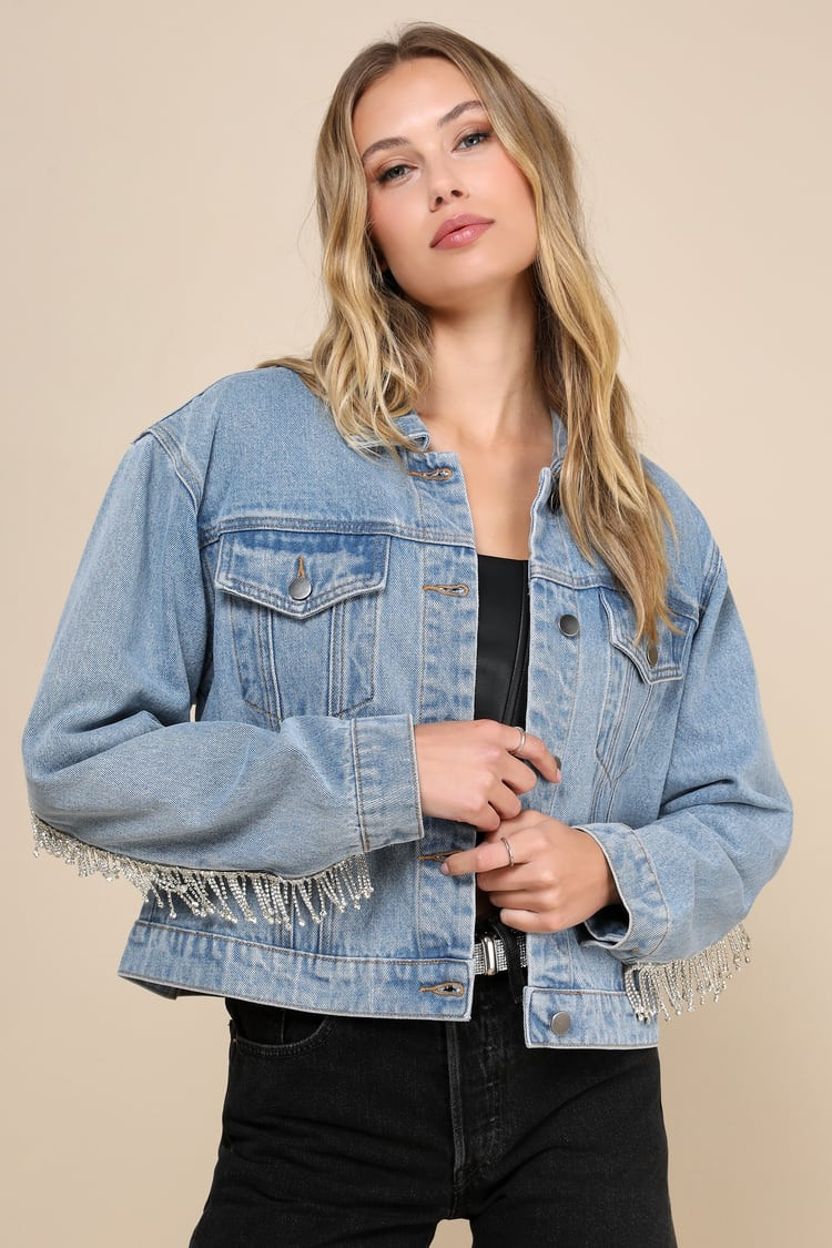 Glamorous Destiny Light Wash Rhinestone Denim Jacket | Lulus