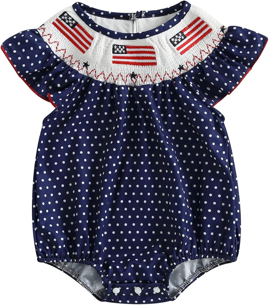 Infant Girl 4th of July Smocked Rompers Short Sleeve Embroidery Flag Bodysuit Newborn Independenc... | Amazon (US)