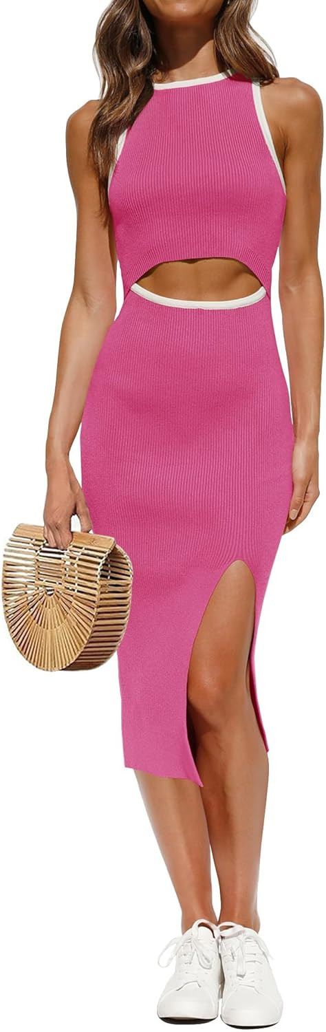 ZESICA Women's Summer Bodycon Sweater Dress Sleeveless Crew Neck Cut Out Contrast Color Side Slit... | Amazon (US)