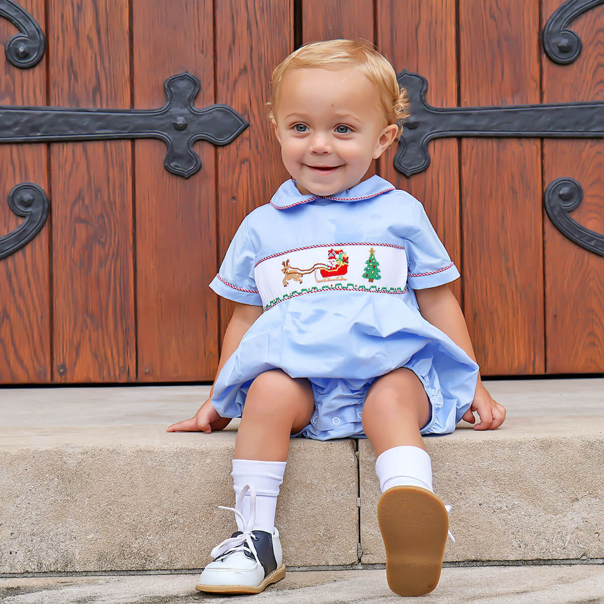 North Pole Smocked Blue Collared Bubble | Classic Whimsy