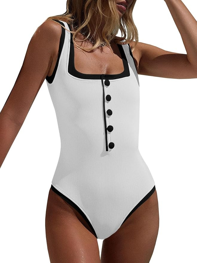 Saodimallsu Womens One Piece Swimsuit Vintage Ribbed Slimming High Cut Color Block Button Square ... | Amazon (US)