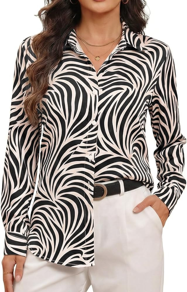 Wrinkle-Resistant Button Down Shirts for Women Silky Dressy Floral Printed Long Sleeve Blouse Bus... | Amazon (US)