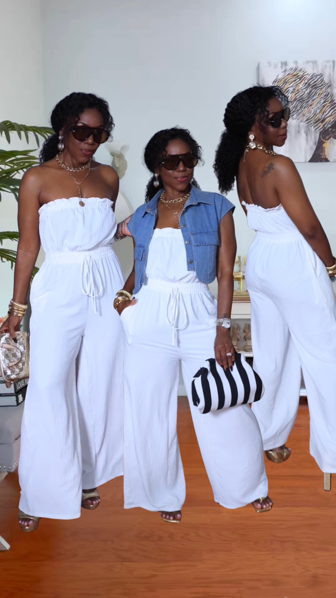 One jumpsuit. Two ways to style.🤍✨

This white jumpsuit is the definition of effortless summer.  Smocked waist, flowy wide-leg silhouette, and the stunning open back is a whole moment. 

And if you want a little extra support, it comes with removable clear straps you can add!

I styled her two ways:
✨ Rich Auntie vacation dinner glam with gold platforms, gold accessories and oversized sunnies 
✨ Casual chic with flats and a cropped denim vest

The best pieces in your wardrobe work overtime, and this one is definitely earning its keep. 🤍

5’4” | 155 lbs | Size M

Everything linked in my LTK! ✨

#LTKStyle #LTKFashion #FashionOver50 #SummerStyle #fyp