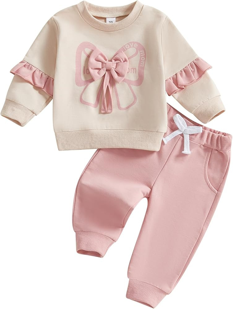 Kupretty Baby Girl Clothes Toddler Fall Winter Outfit Ruffles Crewneck Bow Pullover Sweatshirt + ... | Amazon (US)