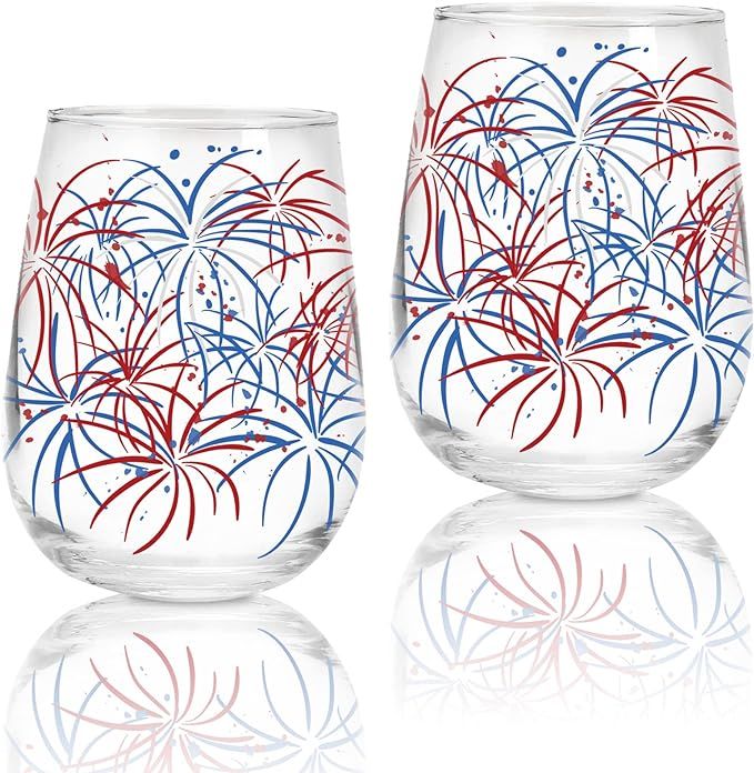 Whaline 2Pcs Patriotic Stemless Wine Glasses 17oz Red Blue Firework Drinking Glasses Firework Tum... | Amazon (US)